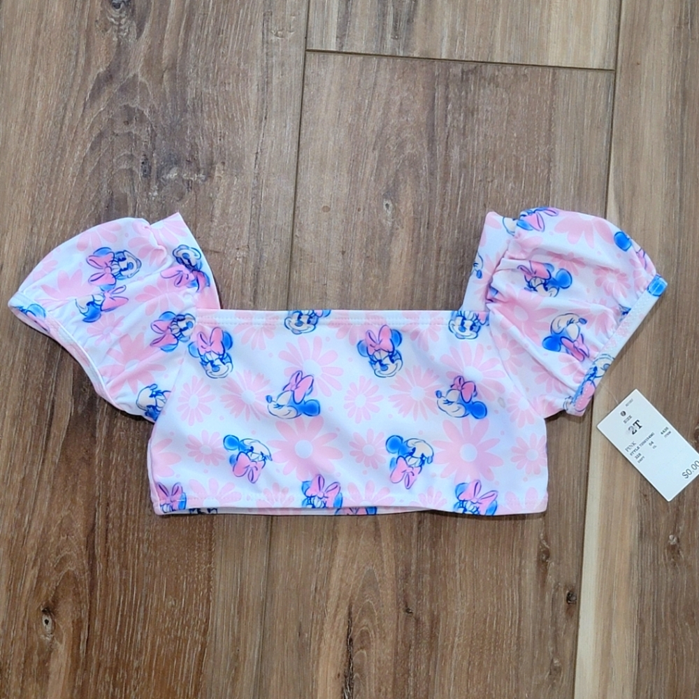Disney Pink and Blue Minnie Print Crop Swim Top, 2T, NWT